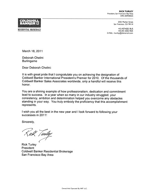 2011 March Rick Turley letter with Coldwell Banker International President's Premier award