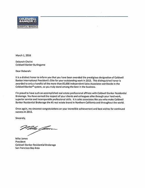 2016 March Mike James letter with Coldwell Banker International President's Elite award