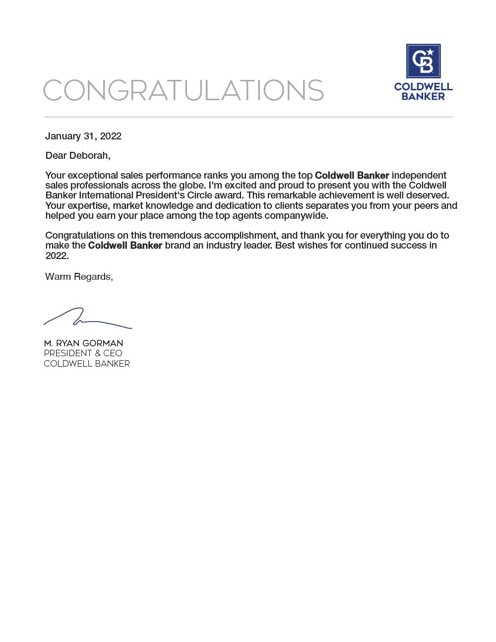 2022 Coldwell Banker President's Circle Award Letter